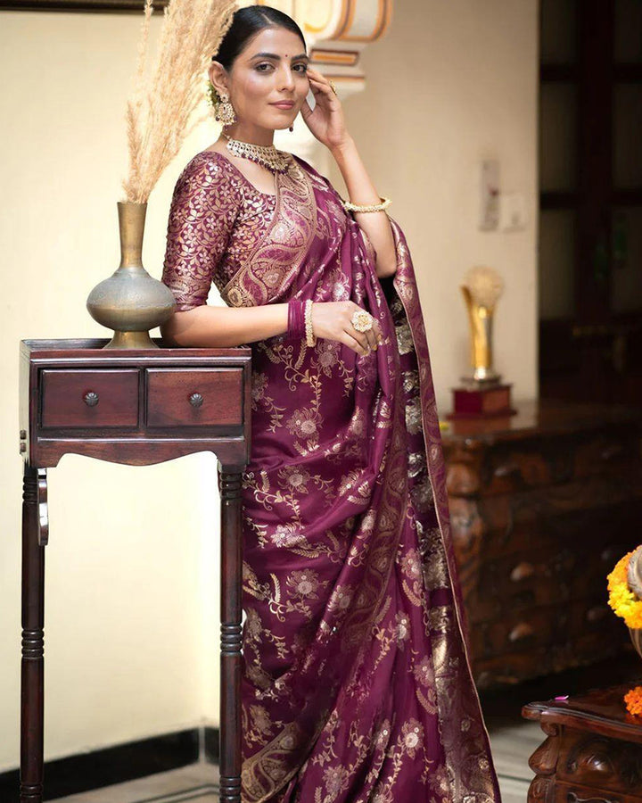 Designer Wine Color Jacquard Weaving Banarasi Silk Saree