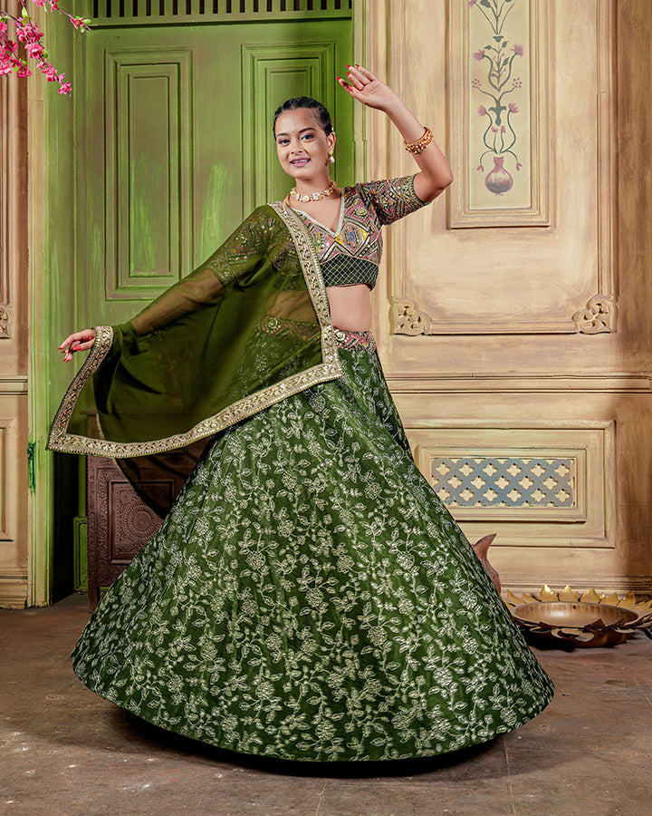 Mehndi Color Modal Silk Sequence Embroidered Wedding Lehenga Choli