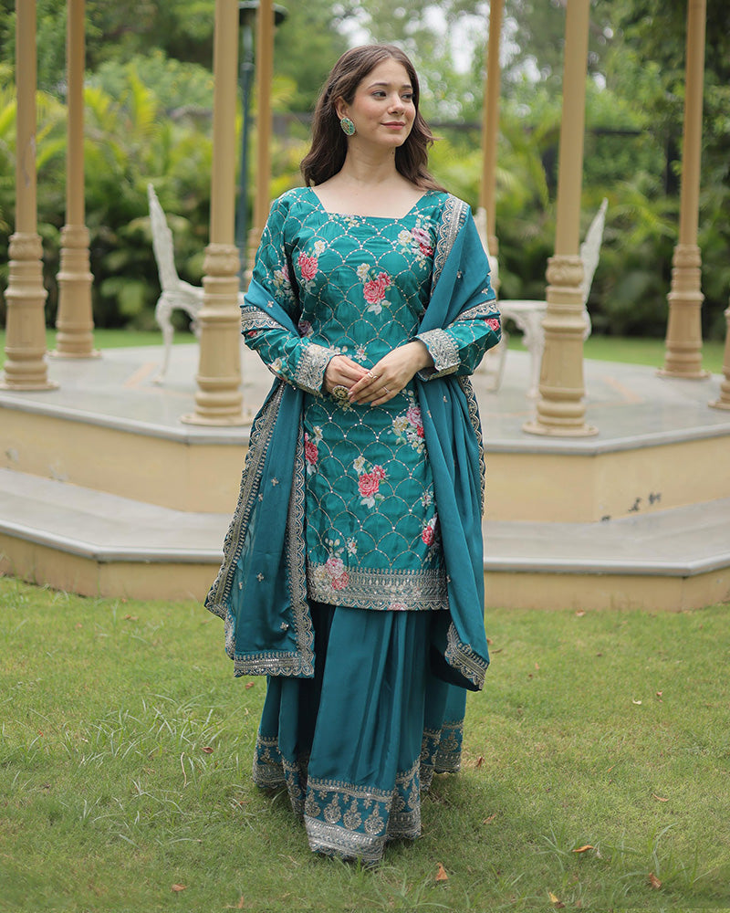 Rama Color Chinnon Embroidered Three Piece Plazzo Suit