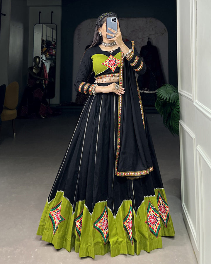 Parrot Green And Black Color Cotton Navratri Lehenga Choli