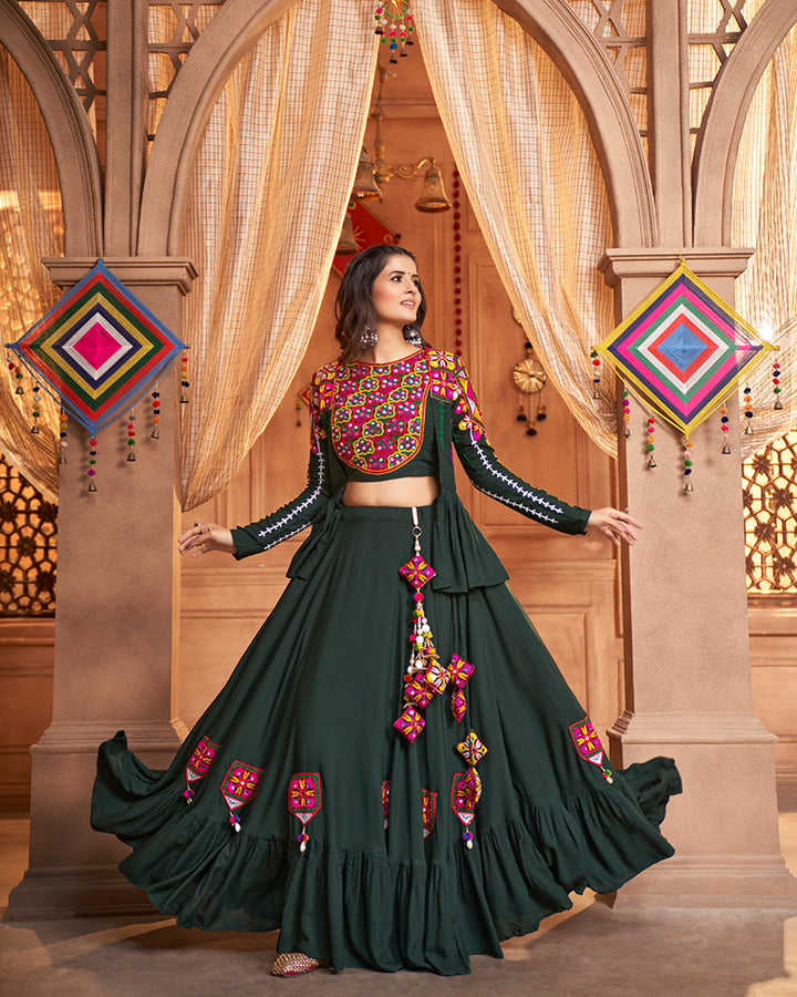 Green Color Viscose Rayon And Real Mirror Work Navratri Lehenga Choli