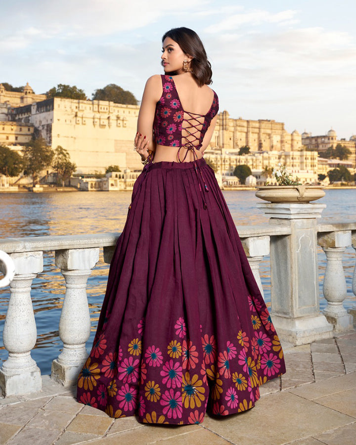 Floral Print Wine Color Tussar Silk Lehenga Choli