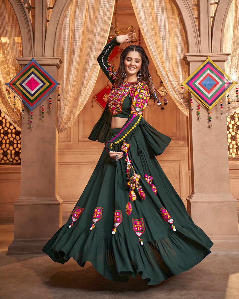 Green Color Viscose Rayon And Real Mirror Work Navratri Lehenga Choli