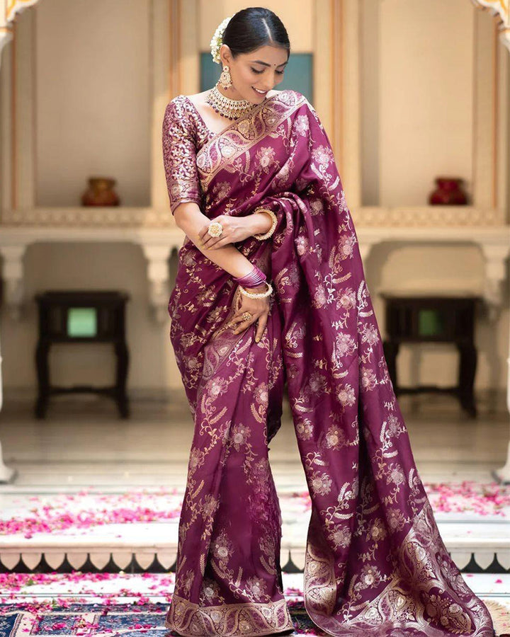 Designer Wine Color Jacquard Weaving Banarasi Silk Saree