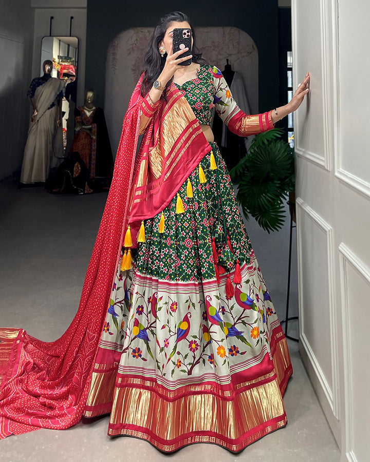 Green Gaji Silk Lehenga Choli With Red Dupatta