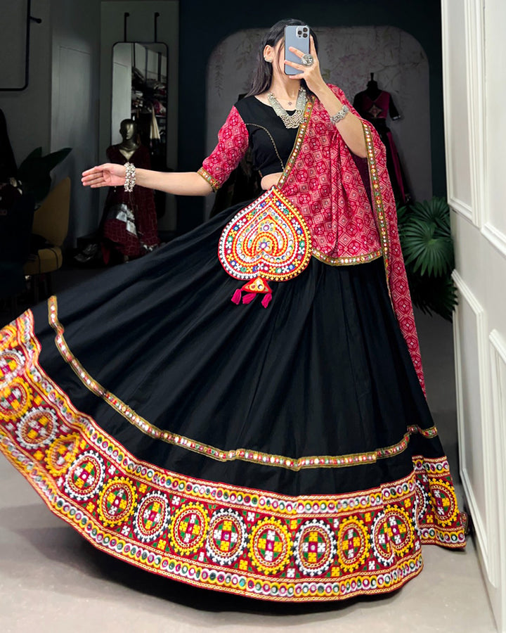 Black Color Cotton Gamthi Work Navratri Lehenga Choli