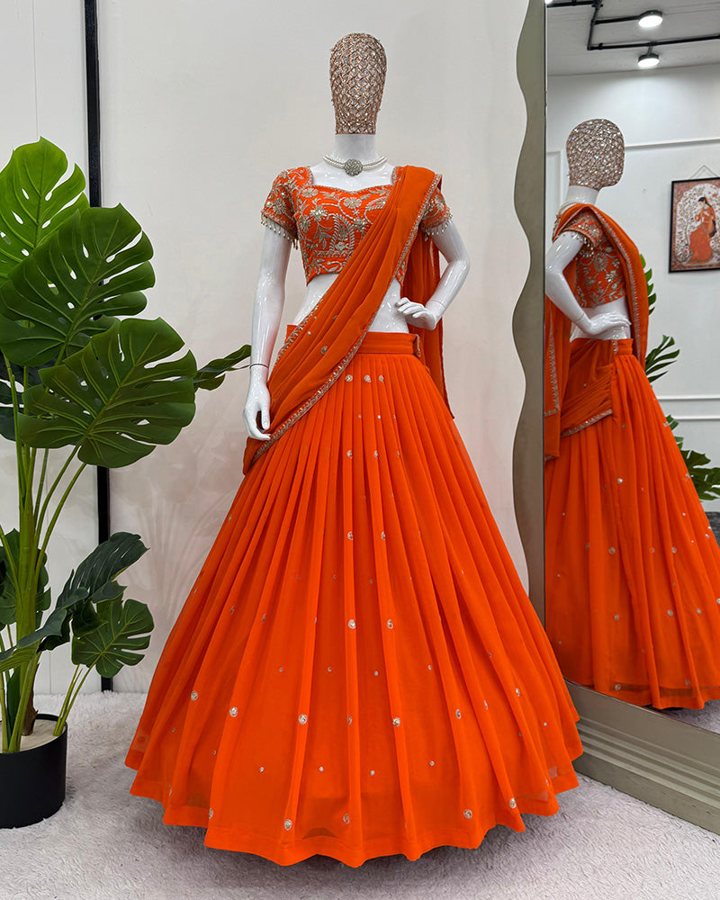 Orange Color Faux Georgette Sequence Work Lehenga Choli