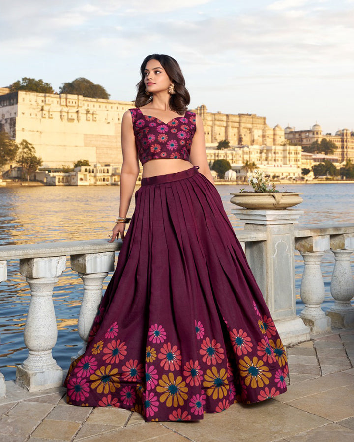 Floral Print Wine Color Tussar Silk Lehenga Choli