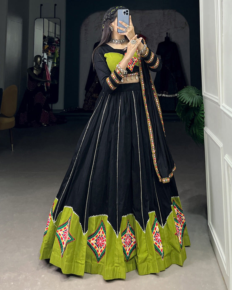 Parrot Green And Black Color Cotton Navratri Lehenga Choli