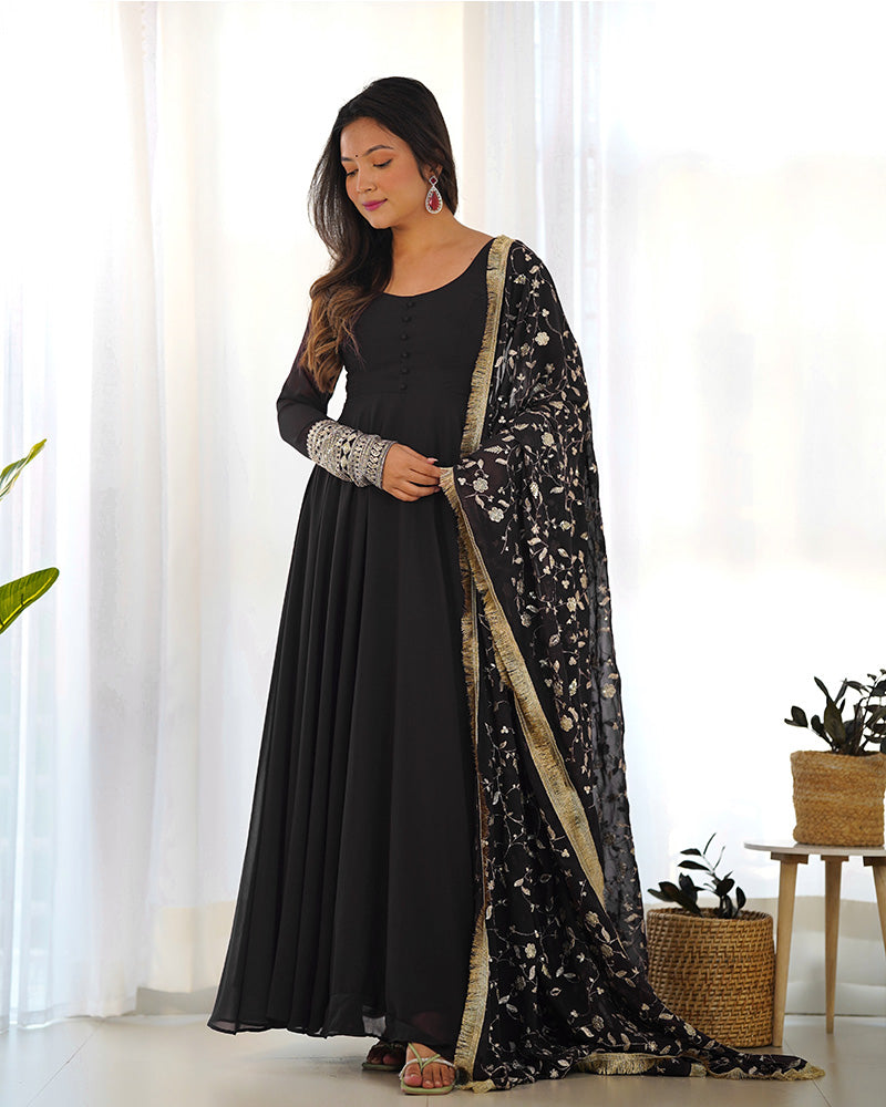 Black Color Soft Georgette Anarkali With Heavy Dupatta Work