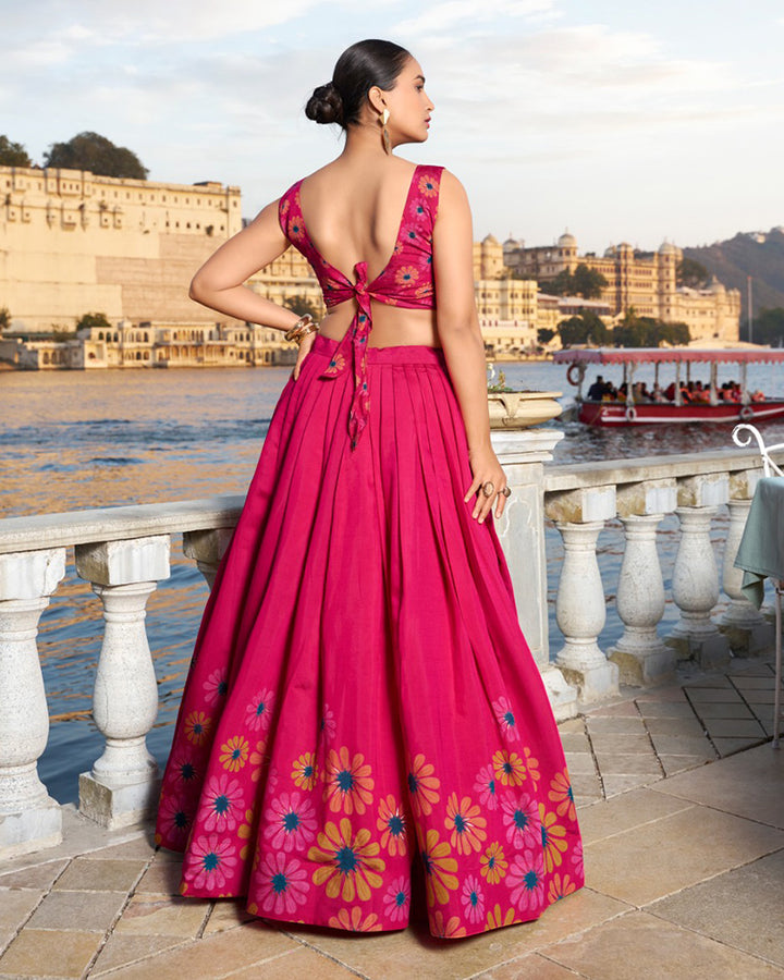 Floral Print Pink Color Tussar Silk Lehenga Choli