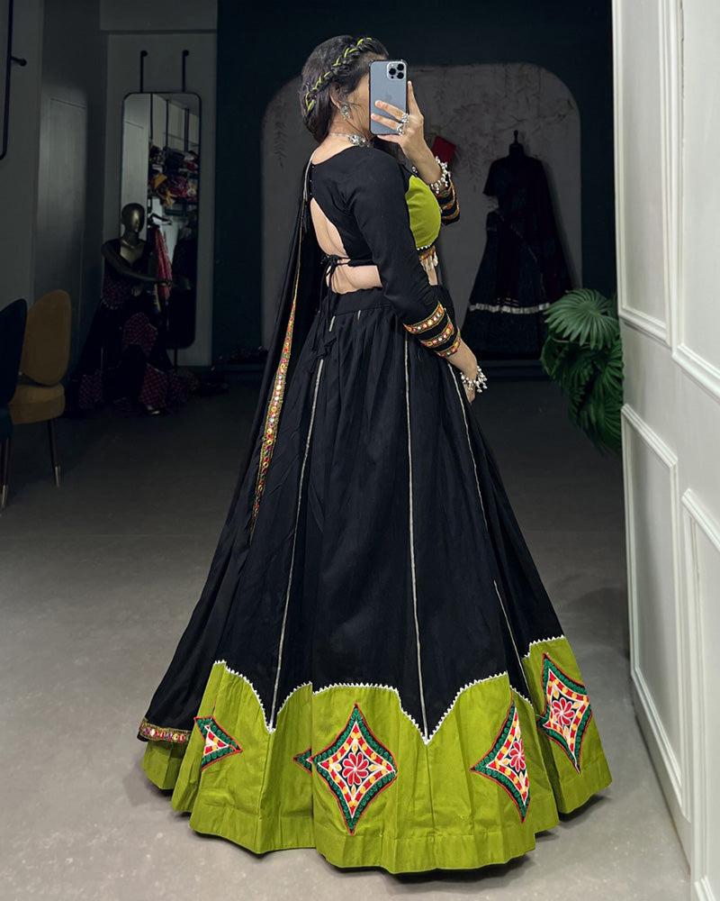 Parrot Green And Black Color Cotton Navratri Lehenga Choli