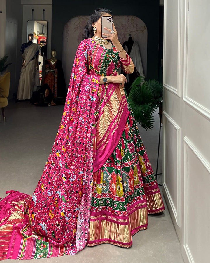 Green Gaji Silk Lehenga Choli With Pink Dupatta