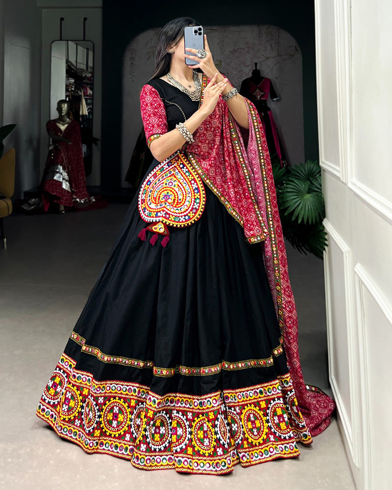 Black Color Cotton Gamthi Work Navratri Lehenga Choli