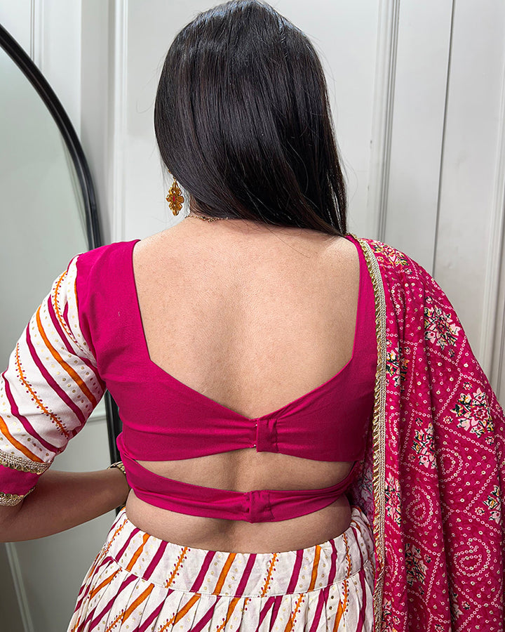Laheriya And Patola Print Pink Color Cotton Fully Stitched Lehenga Choli