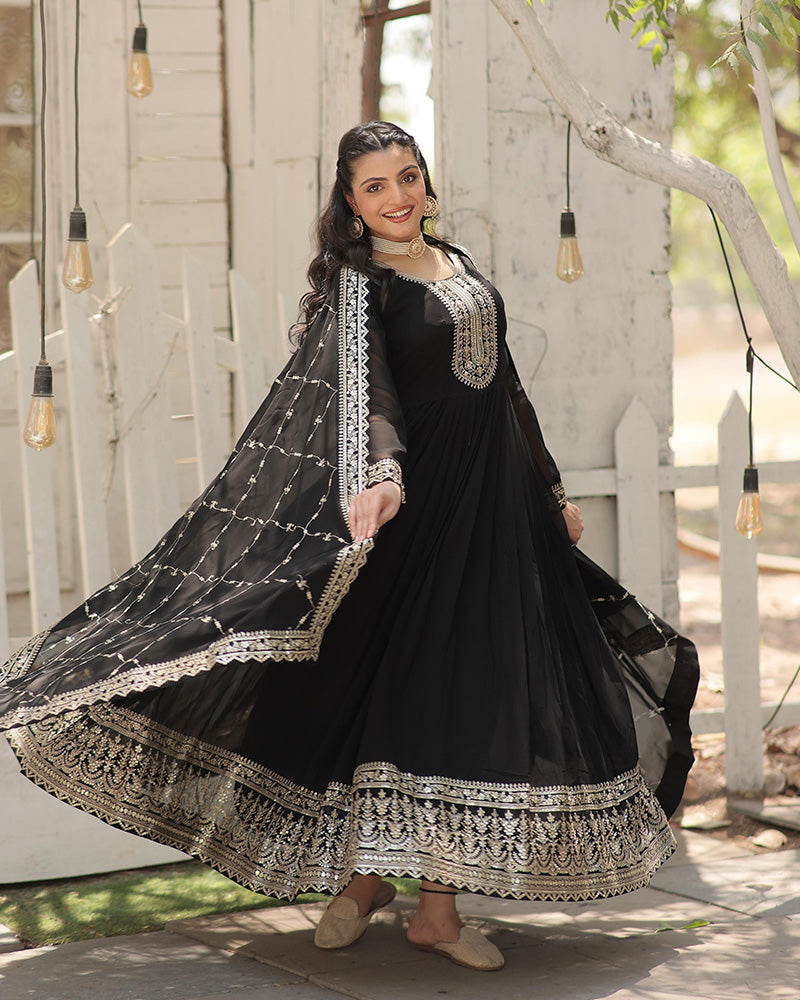 Exclusive Design Black Color Anarkali Gown With Sequence Embroidery Dupatta