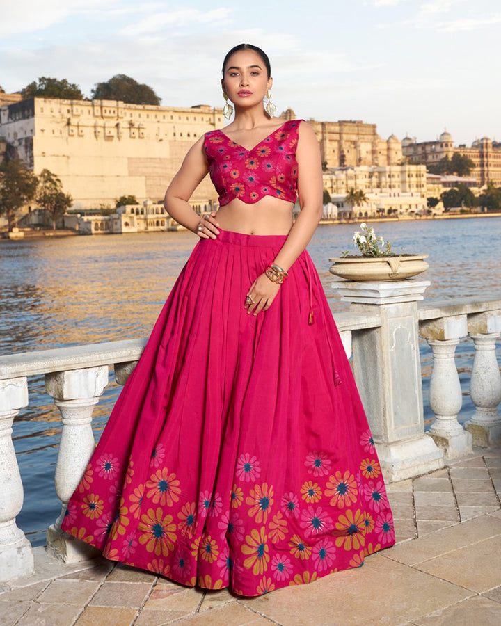 Floral Print Pink Color Tussar Silk Lehenga Choli