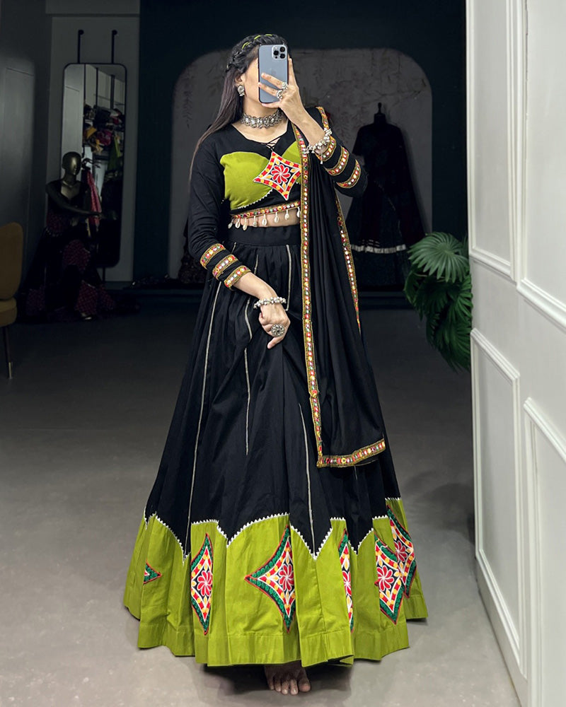 Parrot Green And Black Color Cotton Navratri Lehenga Choli