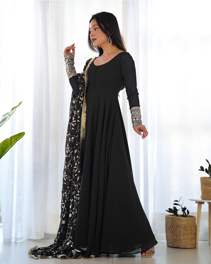 Black Color Soft Georgette Anarkali With Heavy Dupatta Work