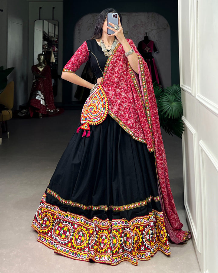 Black Color Cotton Gamthi Work Navratri Lehenga Choli