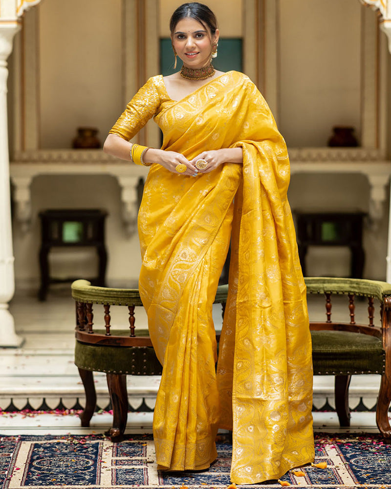 Designer Yellow Color Jacquard Weaving Banarasi Silk Saree