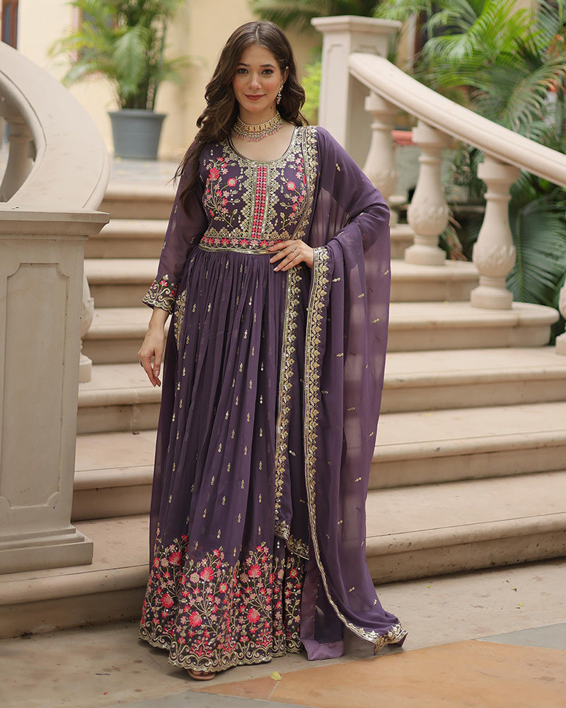 Lavender Color Georgette Embroidered Sharara Suit