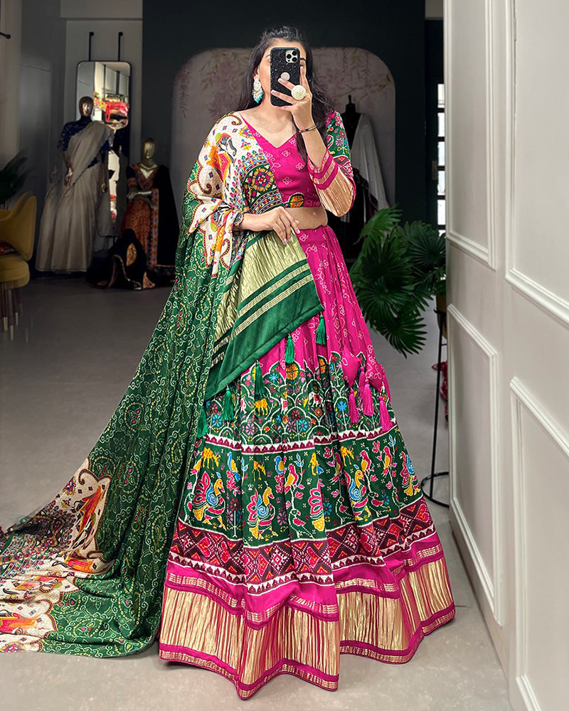 Pink Gaji Silk Lehenga Choli With Green Dupatta