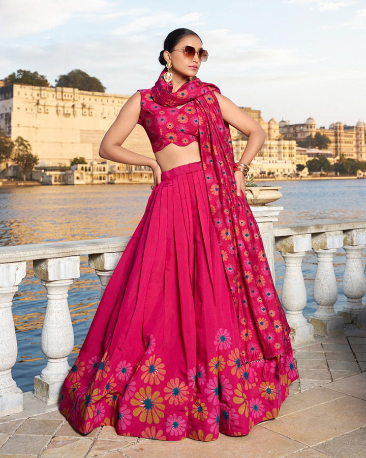 Floral Print Pink Color Tussar Silk Lehenga Choli