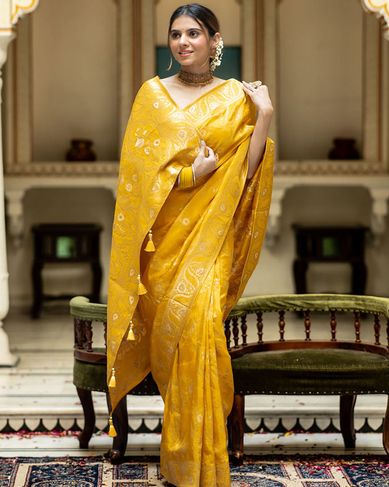 Designer Yellow Color Jacquard Weaving Banarasi Silk Saree