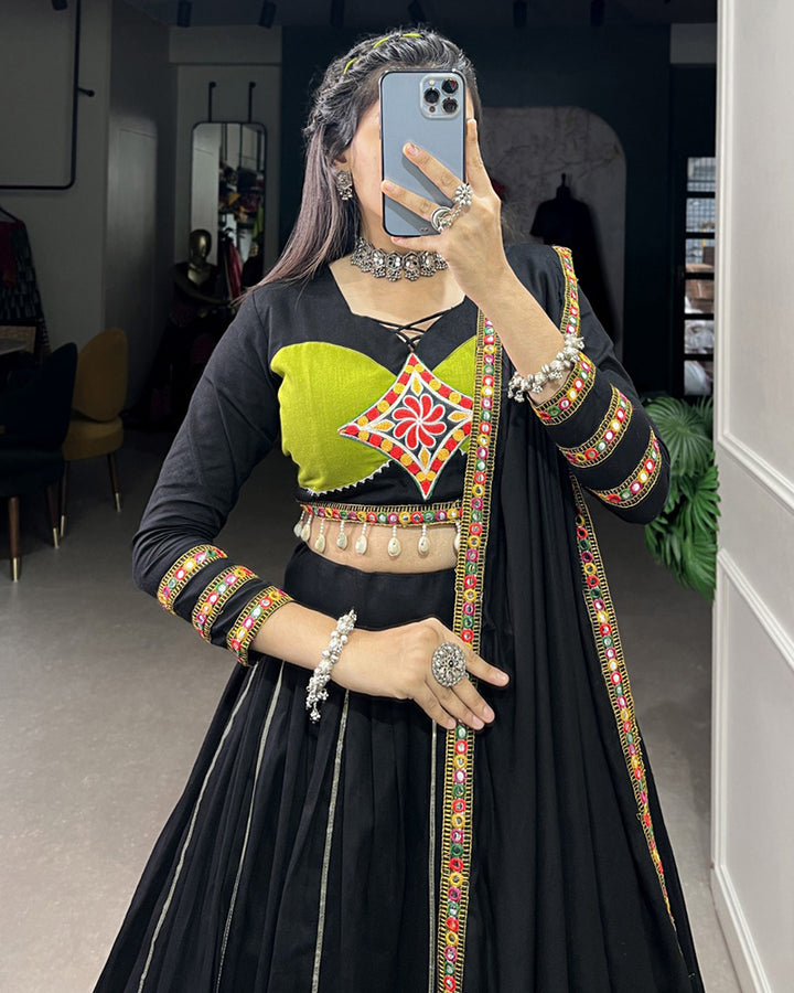 Parrot Green And Black Color Cotton Navratri Lehenga Choli