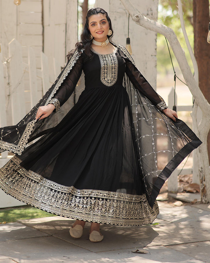 Exclusive Design Black Color Anarkali Gown With Sequence Embroidery Dupatta