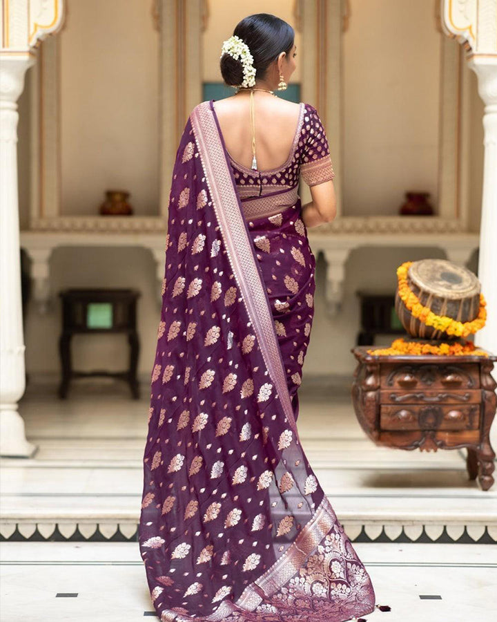 Designer Wine Color All over Jacquard Banarasi Silk Saree