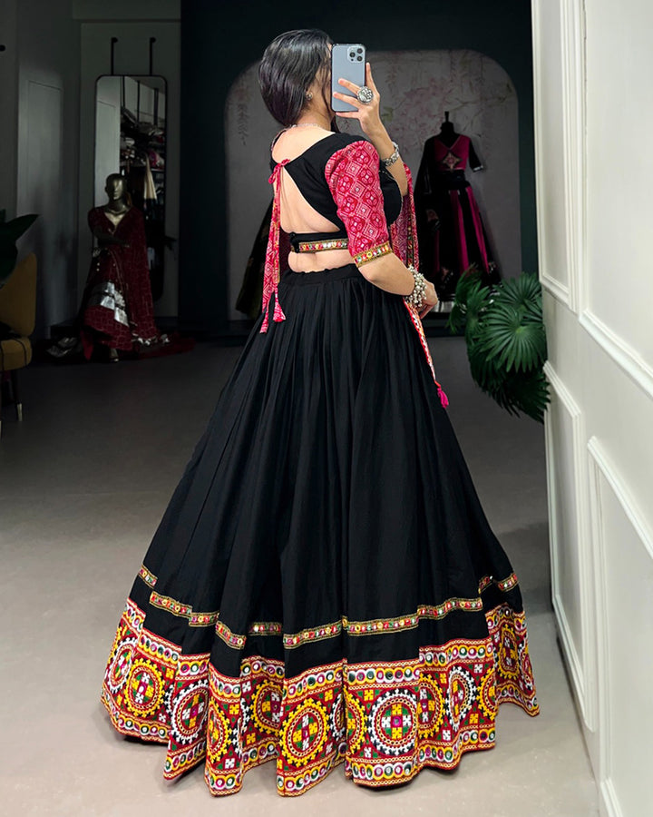 Black Color Cotton Gamthi Work Navratri Lehenga Choli