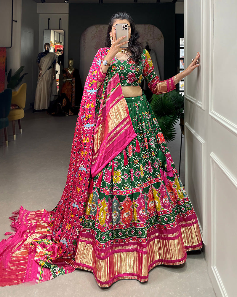 Green Gaji Silk Lehenga Choli With Pink Dupatta