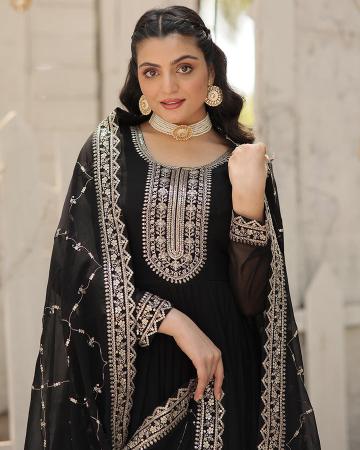 Exclusive Design Black Color Anarkali Gown With Sequence Embroidery Dupatta