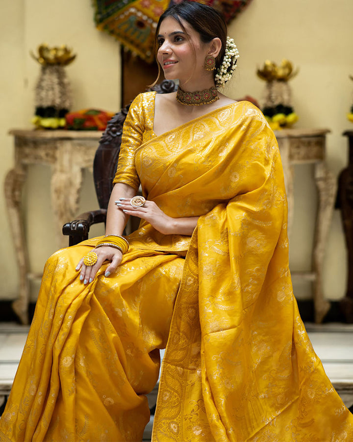 Designer Yellow Color Jacquard Weaving Banarasi Silk Saree