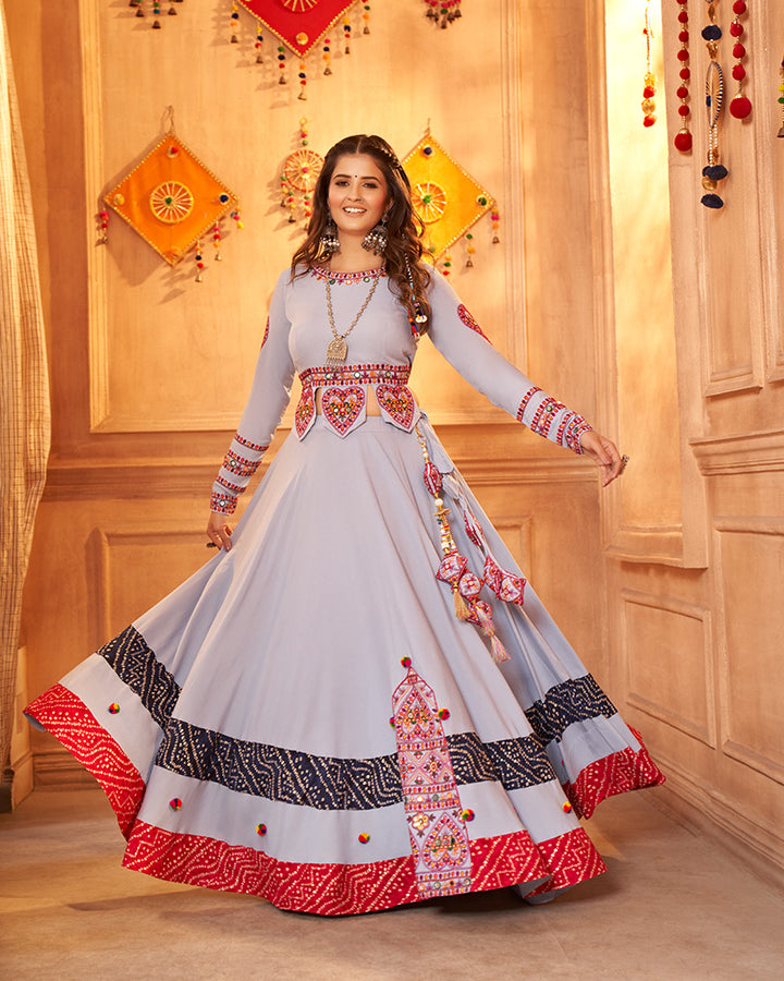 Sky Color Viscose Rayon And Real Mirror Work Navratri Lehenga Choli