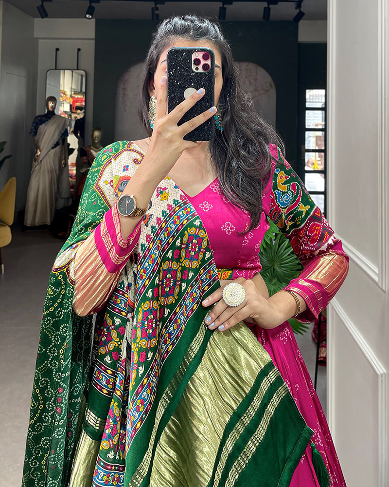 Pink Gaji Silk Lehenga Choli With Green Dupatta