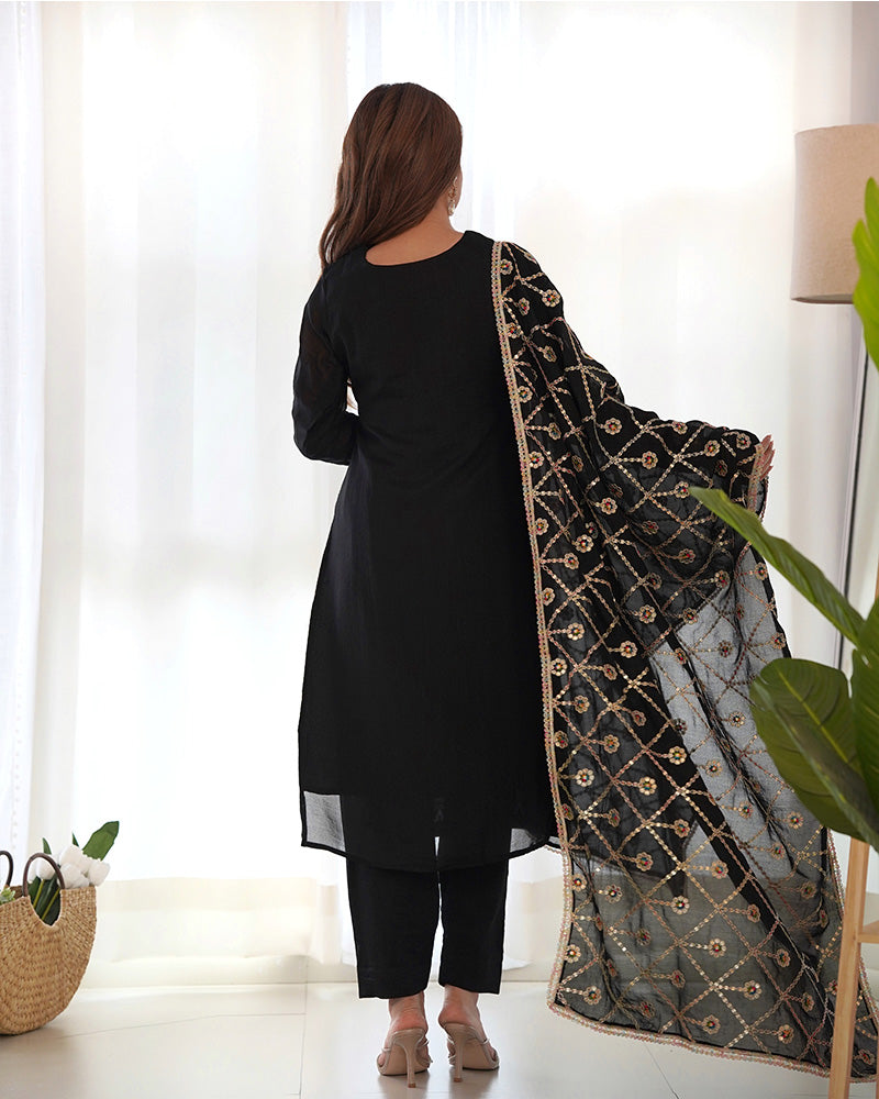 Black Color Vichitra Silk Three Piece Salwar Suit