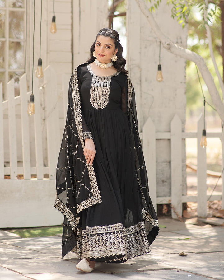 Exclusive Design Black Color Anarkali Gown With Sequence Embroidery Dupatta