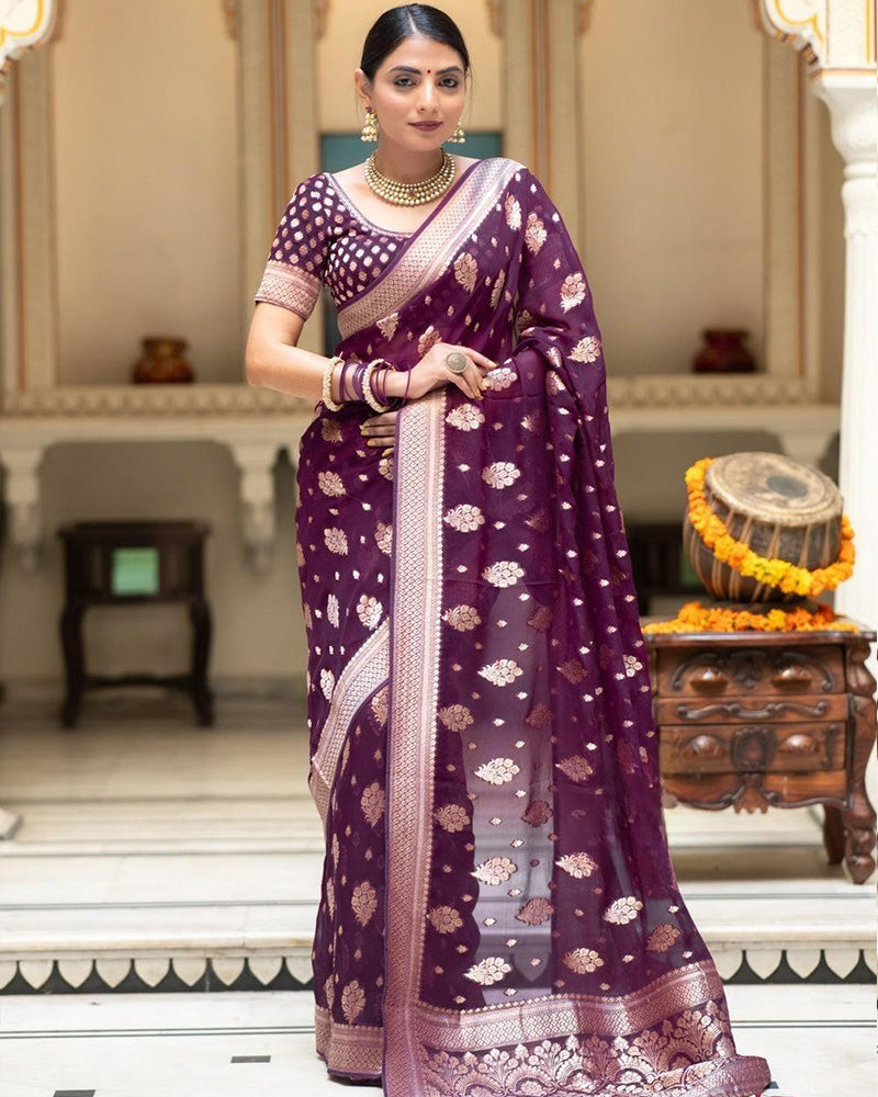 Designer Wine Color All over Jacquard Banarasi Silk Saree