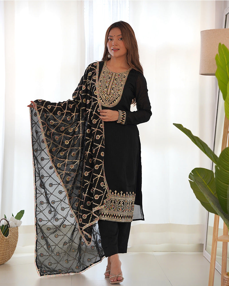 Black Color Vichitra Silk Three Piece Salwar Suit