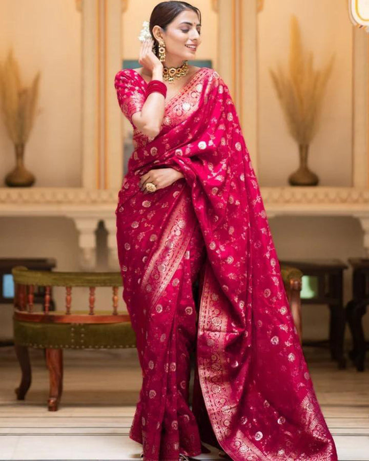 Designer Rani Pink Color Zari Work Banarasi Silk Saree