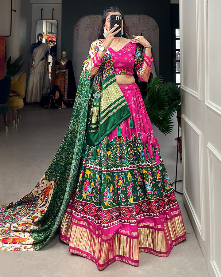 Pink Gaji Silk Lehenga Choli With Green Dupatta