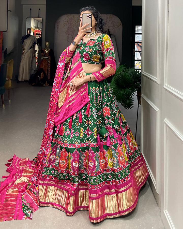 Green Gaji Silk Lehenga Choli With Pink Dupatta