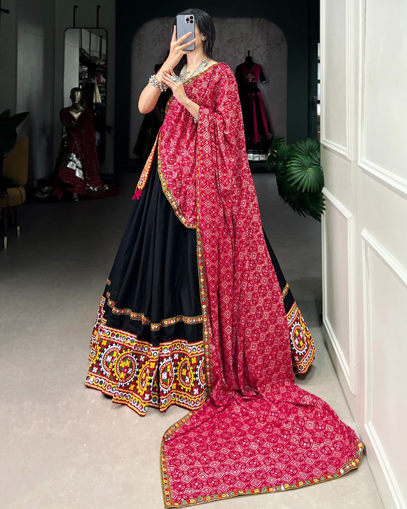 Black Color Cotton Gamthi Work Navratri Lehenga Choli