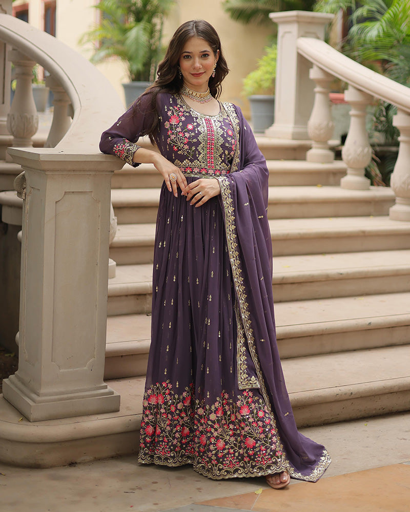 Lavender Color Georgette Embroidered Sharara Suit