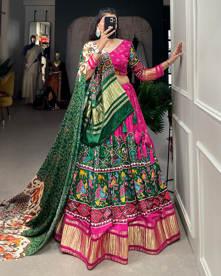 Pink Gaji Silk Lehenga Choli With Green Dupatta