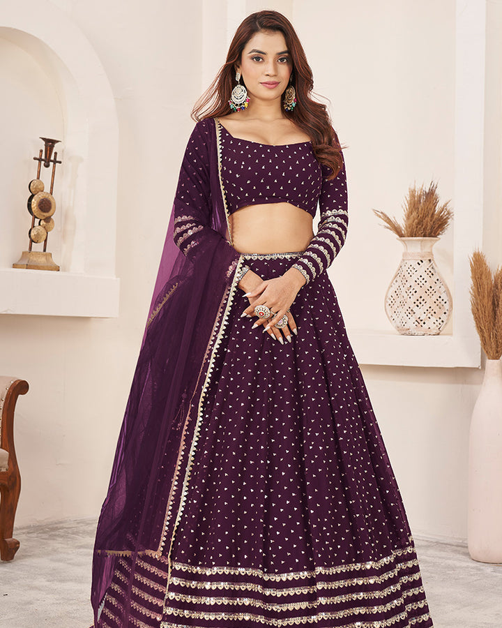 Wine Color Georgette Lehenga Choli With Net Dupatta