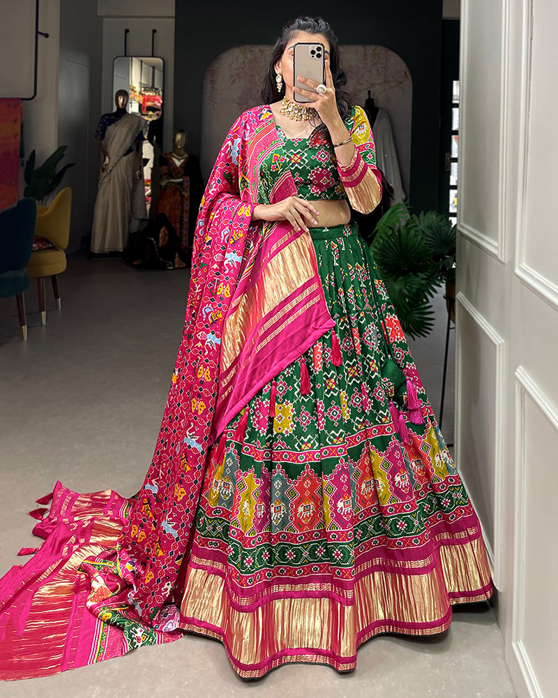 Green Gaji Silk Lehenga Choli With Pink Dupatta